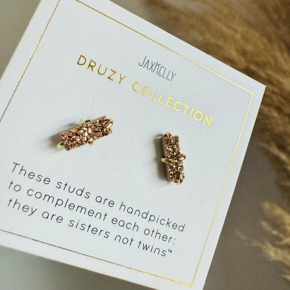 NEW ANTHROPOLOGIE Champagne Rose Gold 14kt Druzy Stone Gemstone Bar Earring - Picture 3 of 7